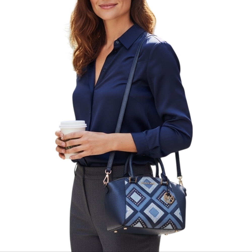 Like New Michael Kors Riley Blue Studded Patchwork Satchel - Picture 5 of 15